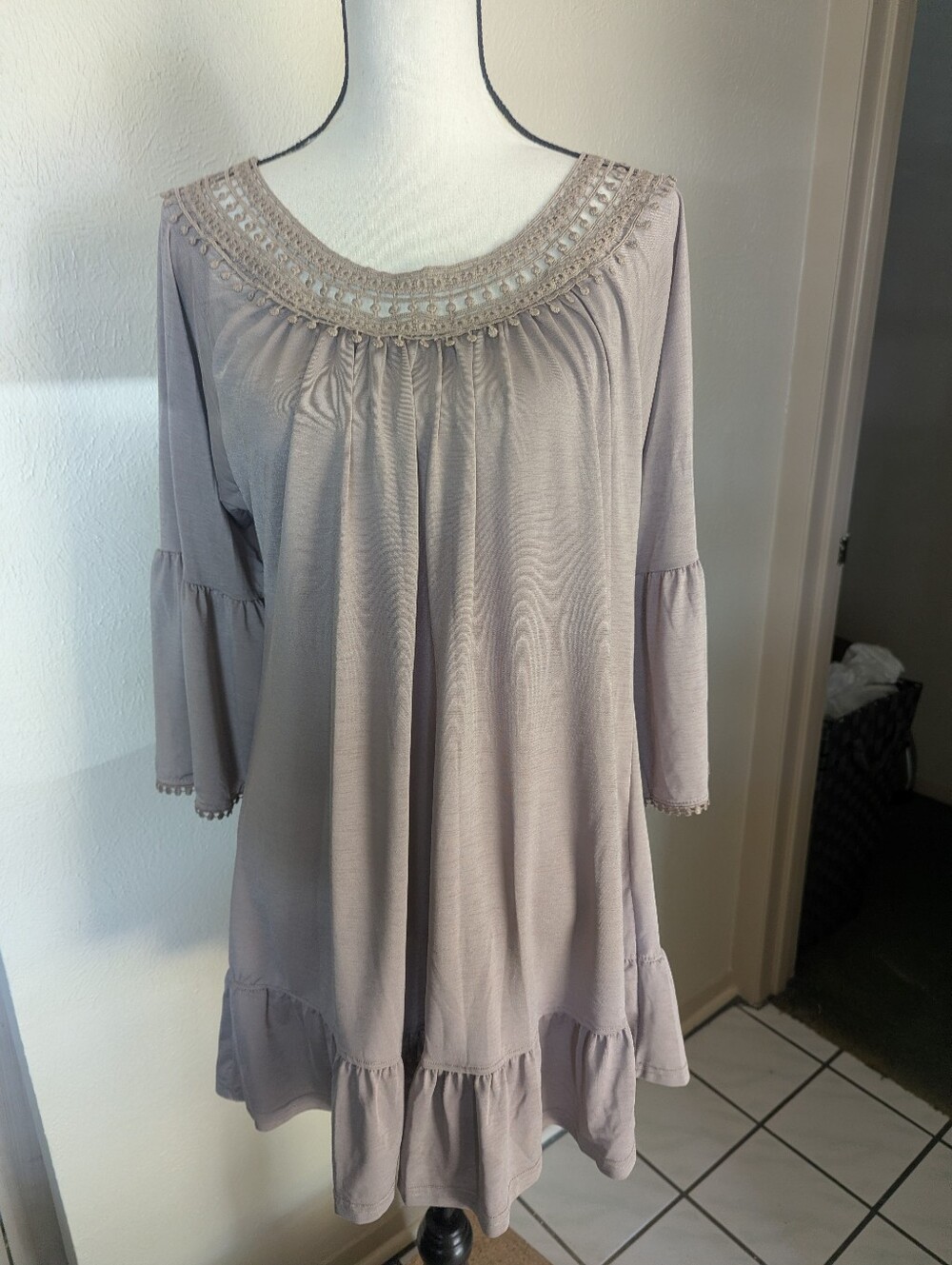 Women’s Crochet-Yoke 3/4 Sleeve Tunic - Taupe Colored.